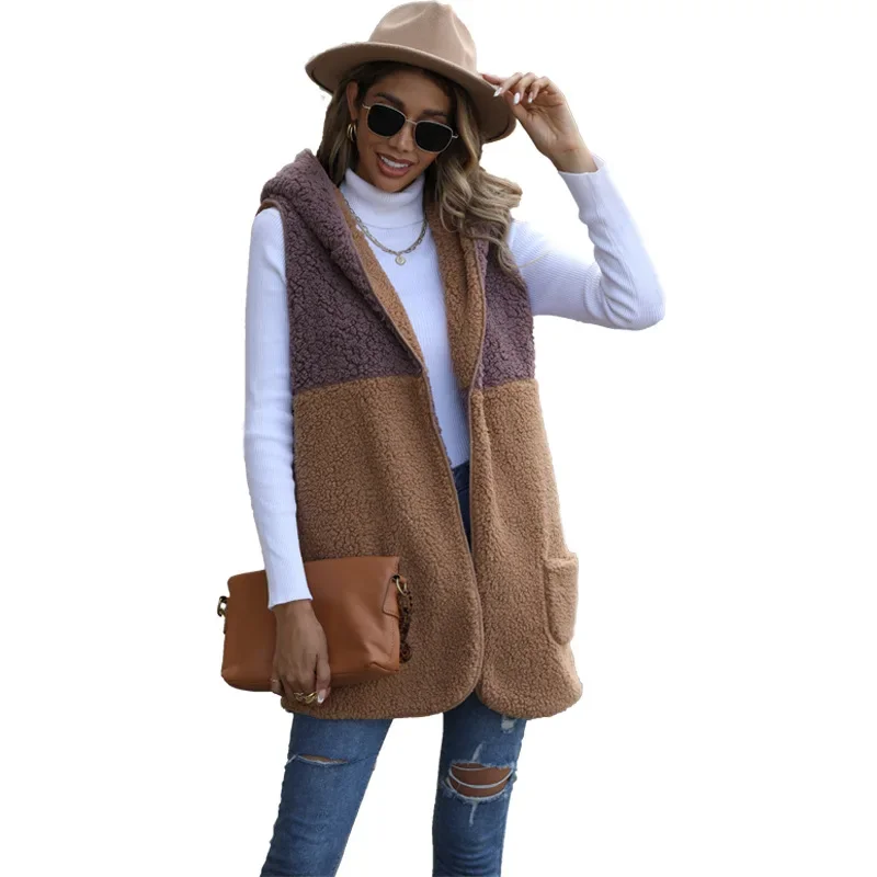 Women's Hooded Sleeveless Cardigan with Contrast Pocket Button Less Coat Autumn and Winter