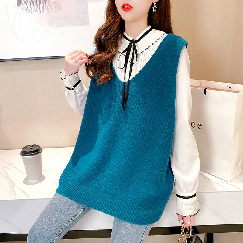 

Women Fashion V-Neck Thickening Knitted Pullover Female Casual Sleeveless Loose Fitting Sweater Vest Waistvest Warm 2023 H129