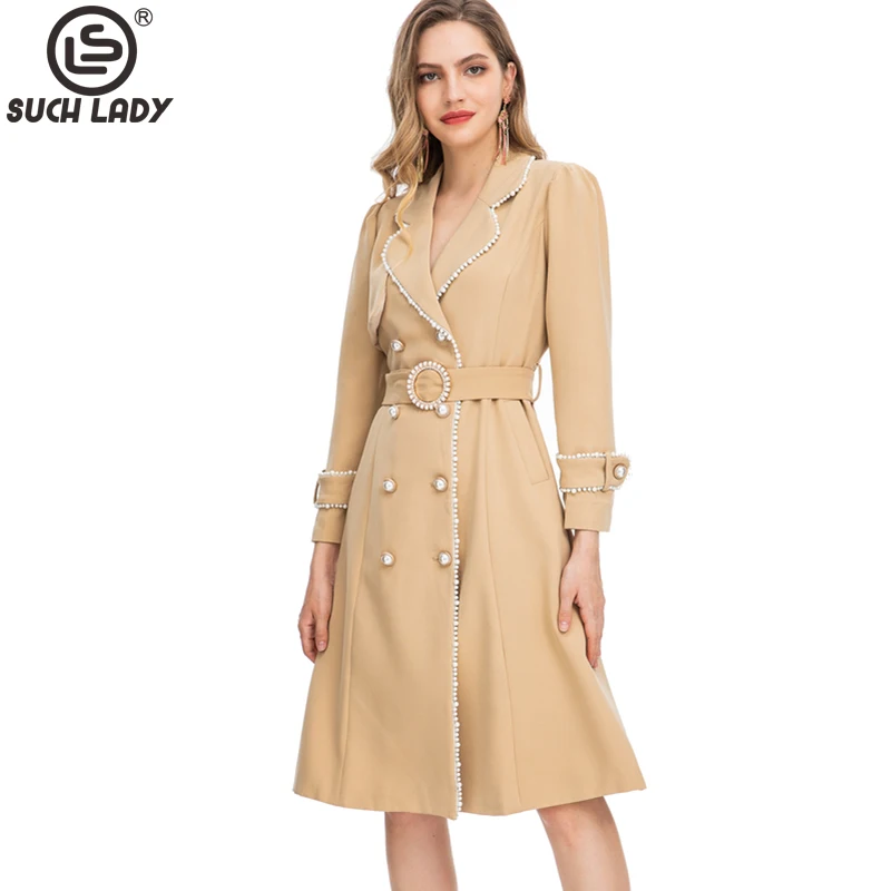 

Women's Runway Trench Coats Notched Collar Long Sleeves Beaded Outerwear
