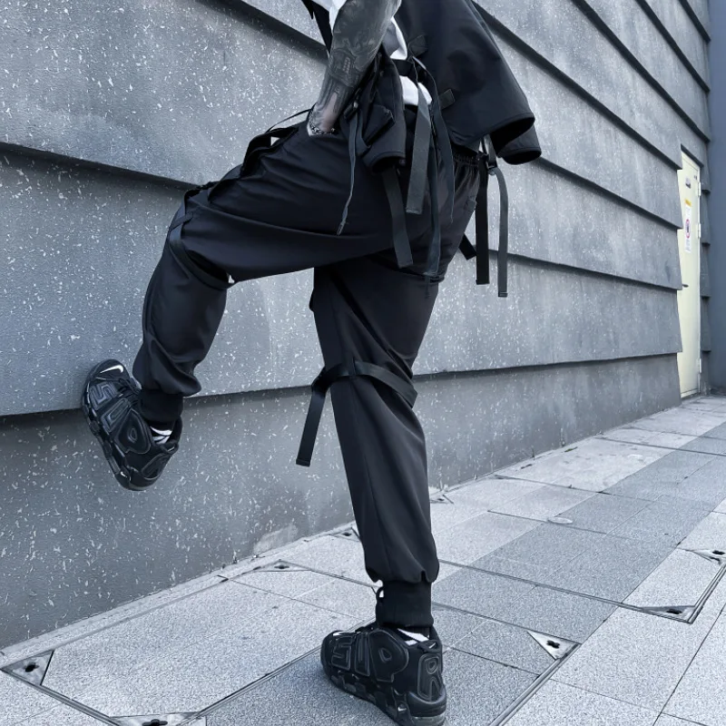 Hip Hop Tactical Cargo Pants Men Multi Pocket Ribbon Design Joggers Trousers 2023 Spring Functional Elastic Waist Pant