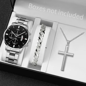 3PCS/Set Fashion Men's Stainless Steel Band Watch Casual Calendar Quartz Watch Jewelry Set（Without Box） 1