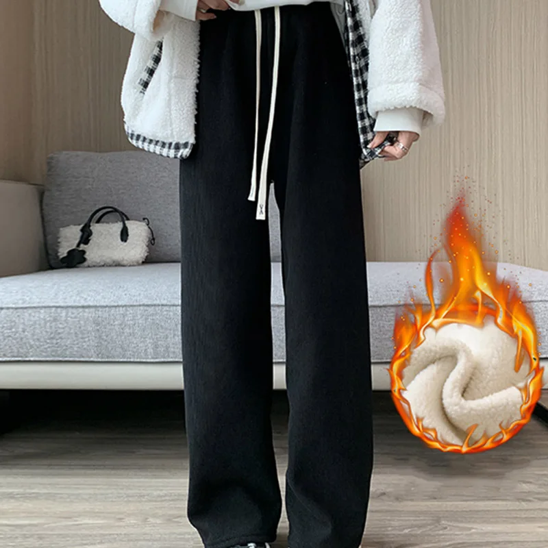 

Casual Women Corduroy Long Pants Autumn Winter High Waist Wide Leg Pants Thick Fleece Inside Long Pants Thick Straight Trousers