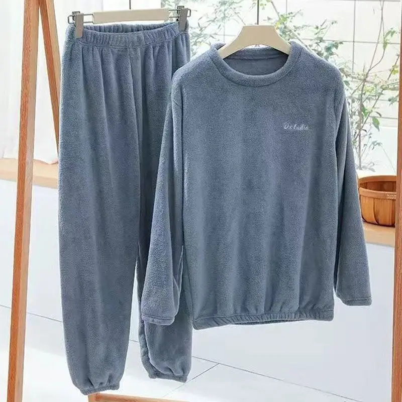 2023 New Warm Loungewear Suit Women's Autumn Winter Coral Fleece Lazy Homewear Fleece Thick Pajamas Round Collar Sleepwear