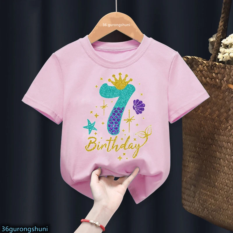 3th/4th/5th/6th Birthday Gift For Girls Tshirt Glitter Mermaid Princess Graphic Print T Shirt Kawaii Kids Clothes Summer Tops 3