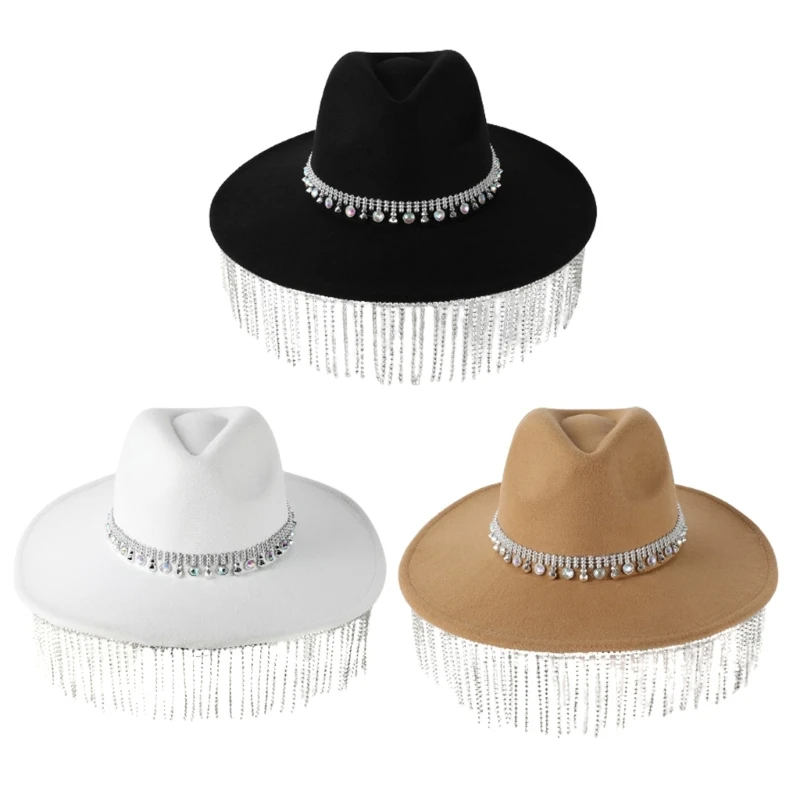 

Y166 Womens Western Cowboy Cowgirl Hats with Wide Belt Rhinestones Fringe Cowgirl Hat Wide Brim Caps Party Costume