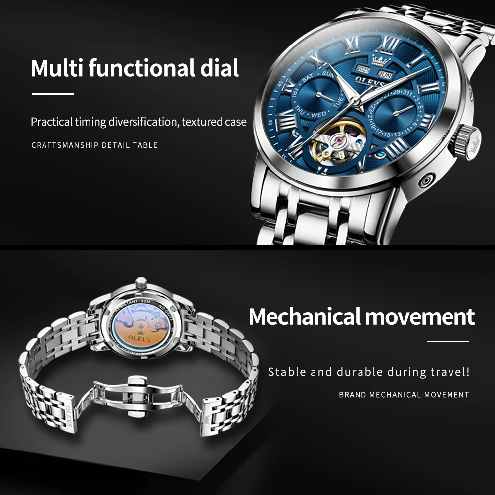 Mechanical Watch OLEVS 6668 Original Men&rsquo;s Multifunctional Skeleton Waterproof Stainless Steel Strap Business Automatic Mechanical Watch