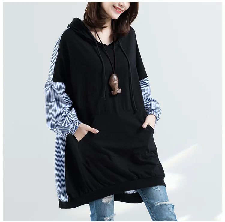 

Autumn Japanese And Korean Women's Clothing Elegant And Artistic Stripe Spliced Loose Hooded Sweater Fashion And Leisure Trend