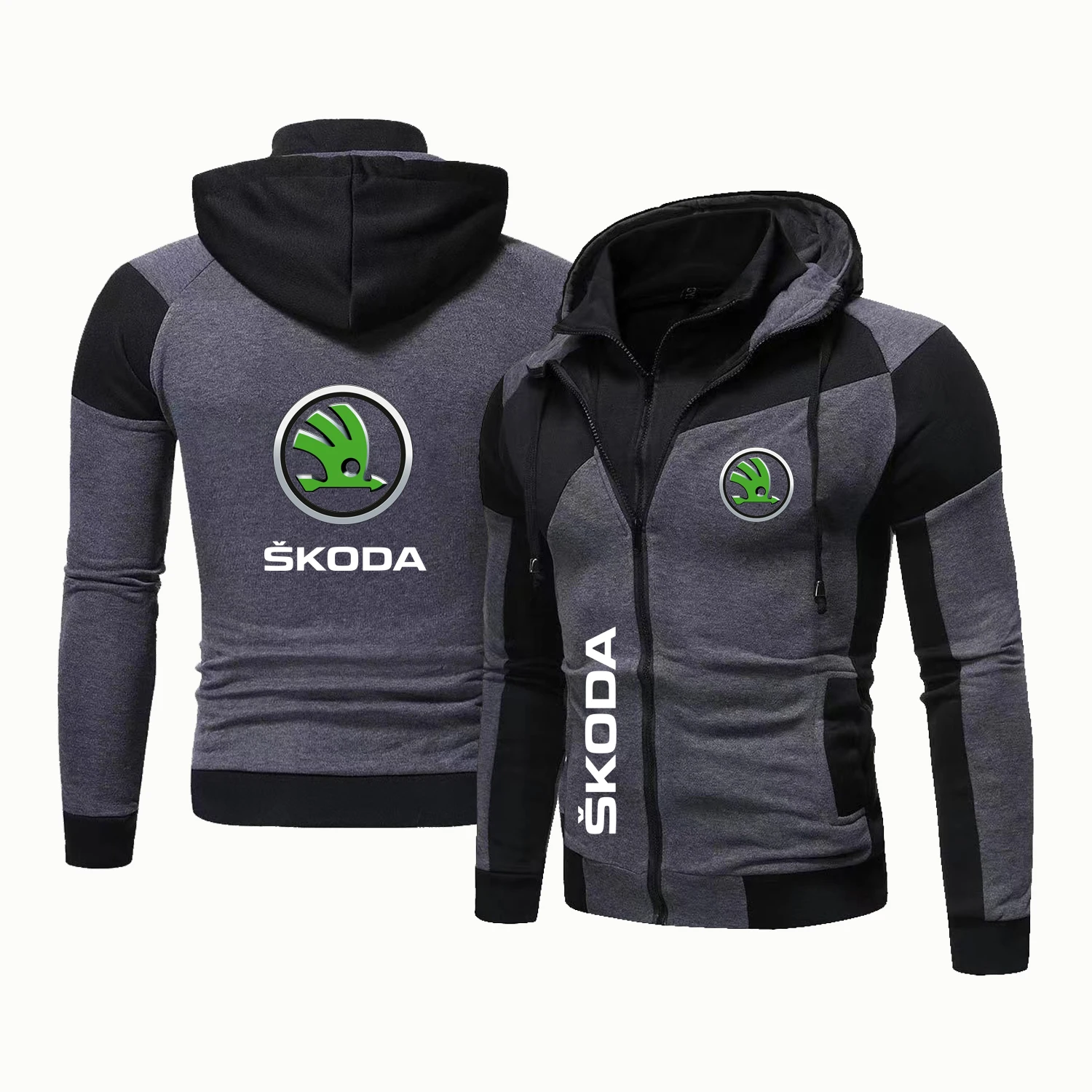Men's Colored Hooded Cardigan Jacket With Car Double Zip Hooded Sweatshirt Motorcycle Racing Warm Casual Jacket Men's