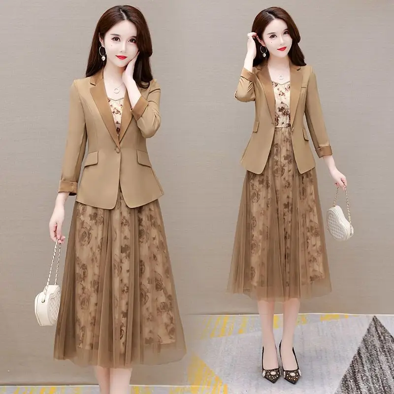 Women's fashion suit Jacket Dress two-piece set 2023 spring autumn new Korean elegant Blazers+Floral Mesh Midi skirt Suits