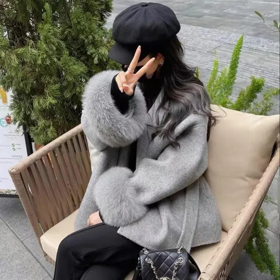 High End Double-sided Wool Strapping Real Wool Fur Coat Women's Removable Cuffs Fox Fur Temperament Cashmere Short Jacket 2