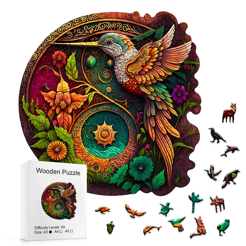 Wooden Colorful Hummingbird Disc Alien Shape Animal Jigsaw Puzzle Adult Stress Relief Educational