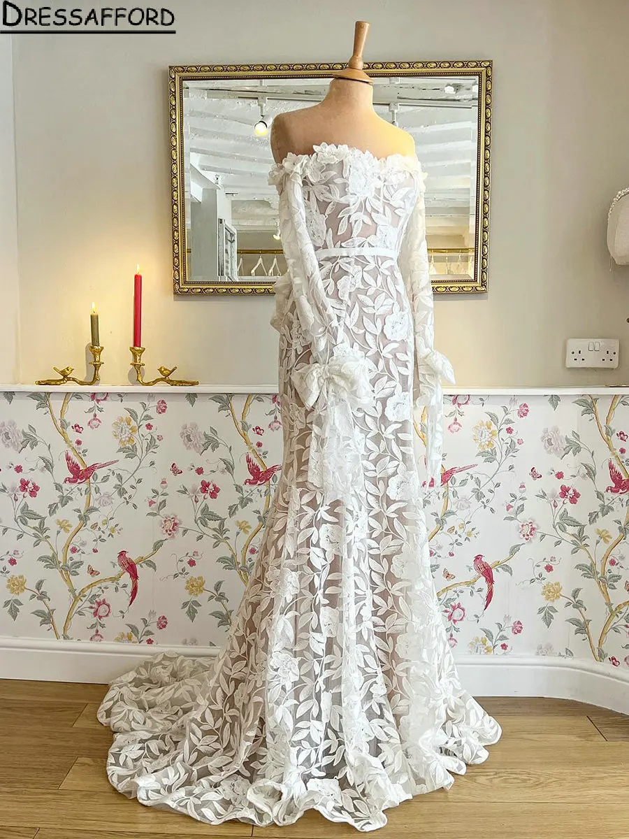 

Real Image Off The Shoulder Bow Mermaid Wedding Dresses Long Sleeve Appliques Lace Bridal Gowns Vestidos De Novia