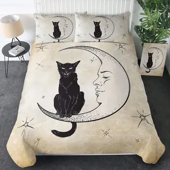 Witch Black Cat Duvet Cover Set Full,Cat Sitting on Moon Bedding Set Vintage Gothic Animals Cat Comforter Cover 2/3pcs Bed Sets 1