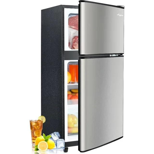 3.2 Cu.Ft Double Door Fridge with Freezer , Dorm and Apartment with 7 Temperature Control, Portable Refrigerator, Silver 1