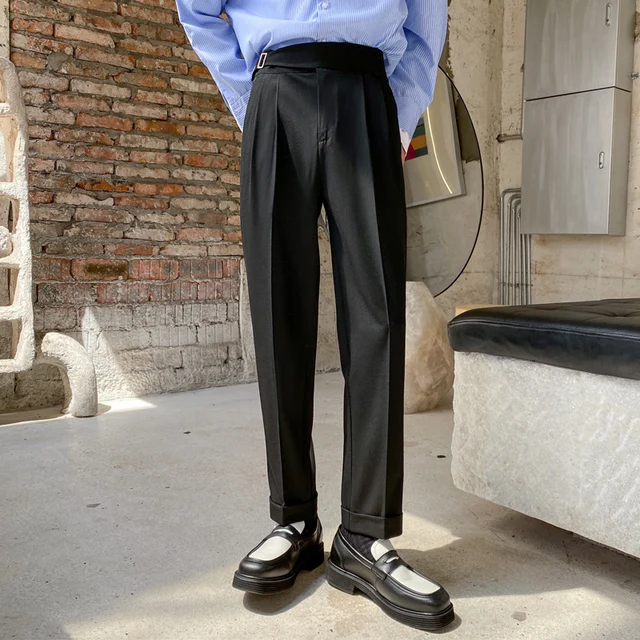 Korean Belt Suit Pants Men Fashion Solid Color Casual Dress Pants Men Loose  Straight Trousers Mens