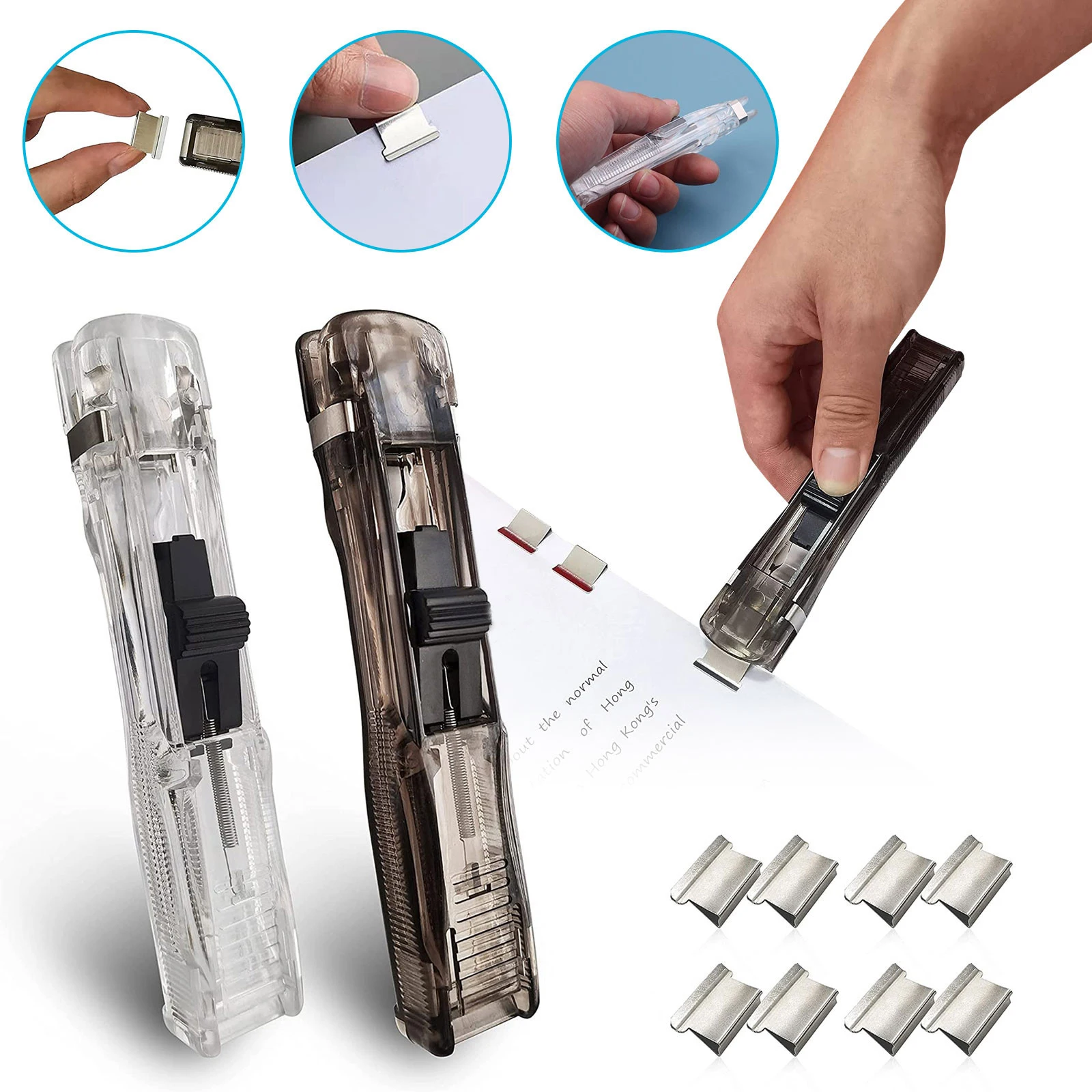 2pcs Push Stapler Reusable Needle Free Staplers Transparent Handheld Punch Free with Spare Clips