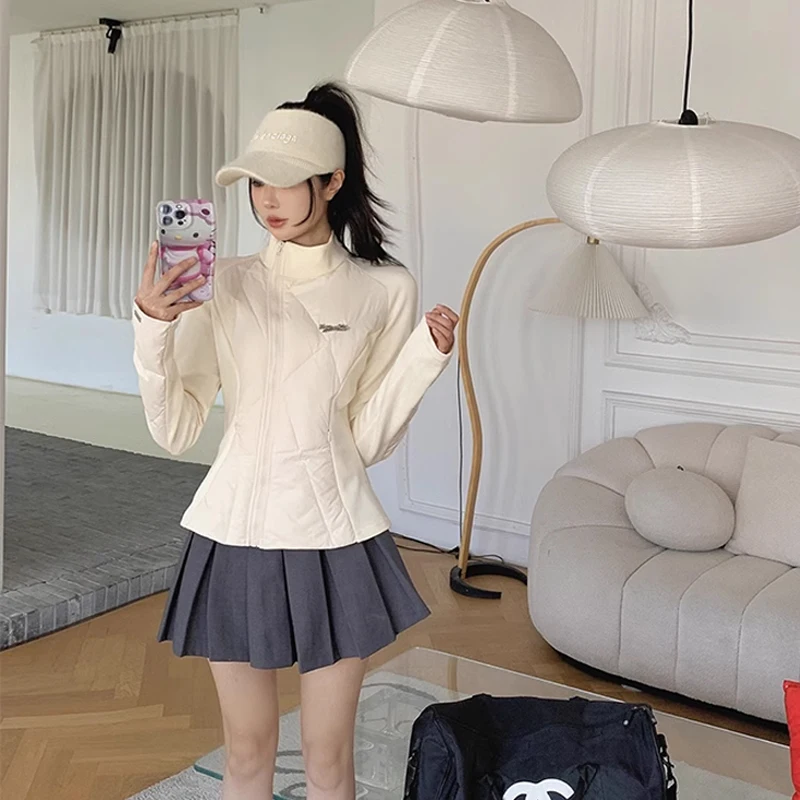 New Stand-up Collar Splicing Light Down Jacket Golf Ladies Autumn and Winter Slim-fit Sports Yoga White Long Sleeve Coat