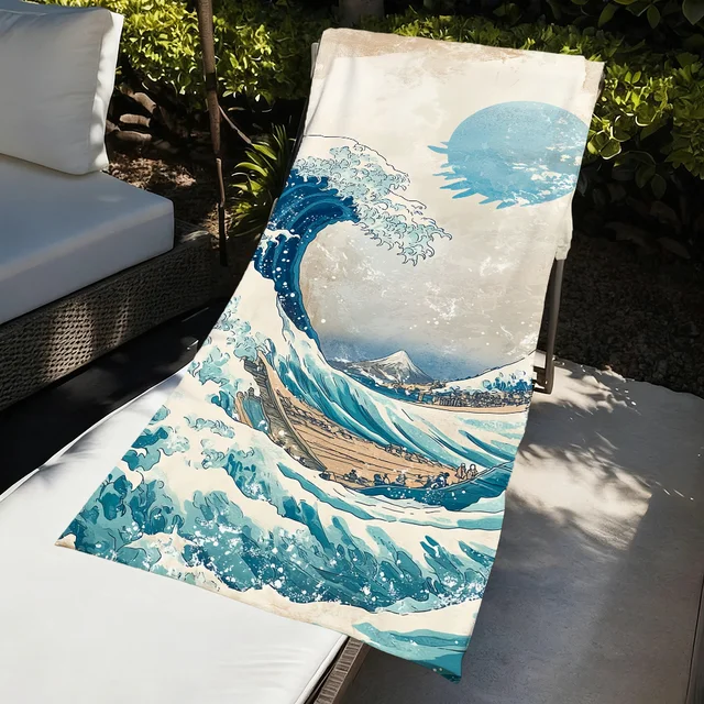 Beige Cartoon W-wave-e art Towel Large Quick-Drying Microfiber soft Beach Towel for Travel Fitness Sauna Bathing Camping 2