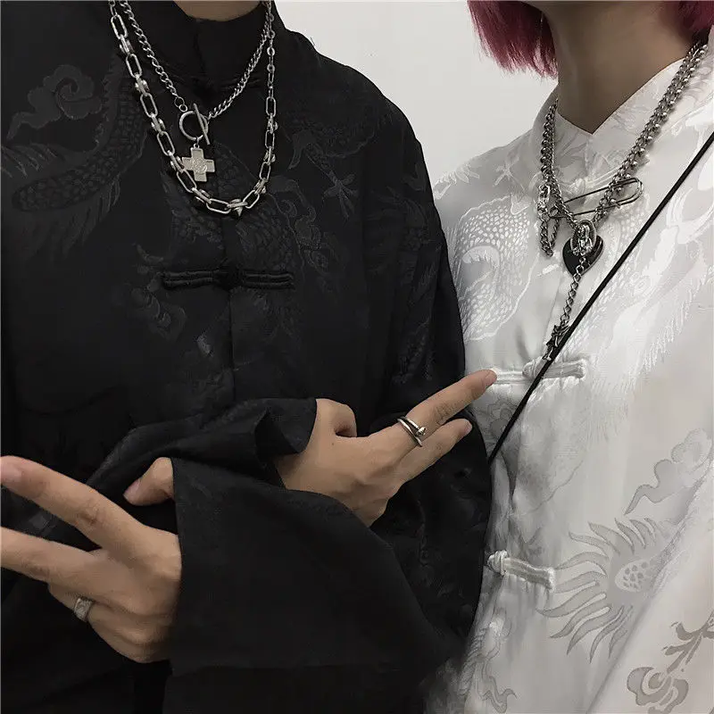 Chinese Style Tang Clothes Long Sleeve Tops Men Women Streetwear Satin Shirt Vintage Button Down Kong Fu Blouse Streetwear