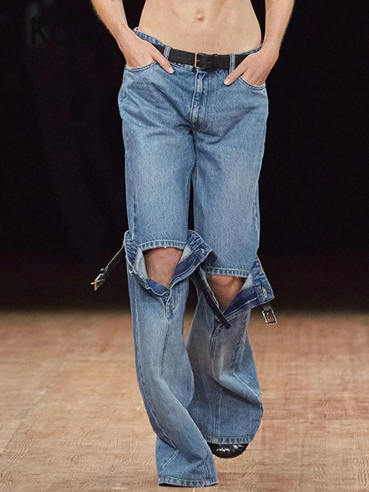 

Модные женские джинсы BKQU 2023, новый дизайн, лоскутные прямые джинсовые брюки с высокой талией, уличная одежда, Осенние эластичные широкие брюки