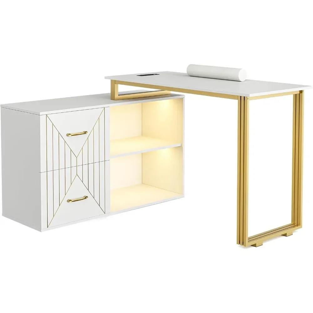 Manicure Table for Nail Tech with Wrist Cushion, Corner Nail Desk with 2 Drawers and 2 Shelves, Beauty Salon Nail Supplies Decor