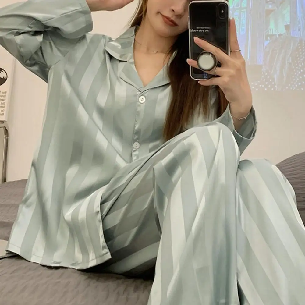 

Women Lace Satin Pajama Set Striped Silky Ice Silk Pajama Set for Women with Long Sleeve Shirt Wide Leg Pants Spring Summer