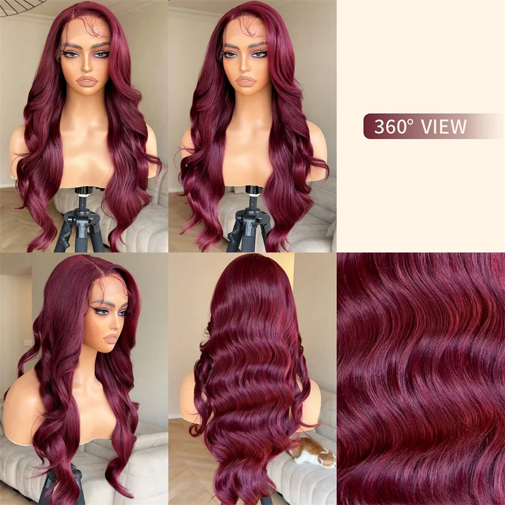 Long Synthetic Body Wavy Wine Red Wig, Burgundy Glueless 13X5X1 Lace Wig For Women, 24 Inches, Daily Party Halloween Cosplay