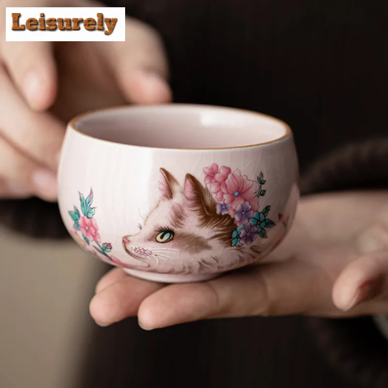 Pink Ru Kiln Flower Cat Teacup Creative Tea Bowl Beautiful Tea Cup Meditation Cup Chazhan Master Cups Household Drinkware Craft