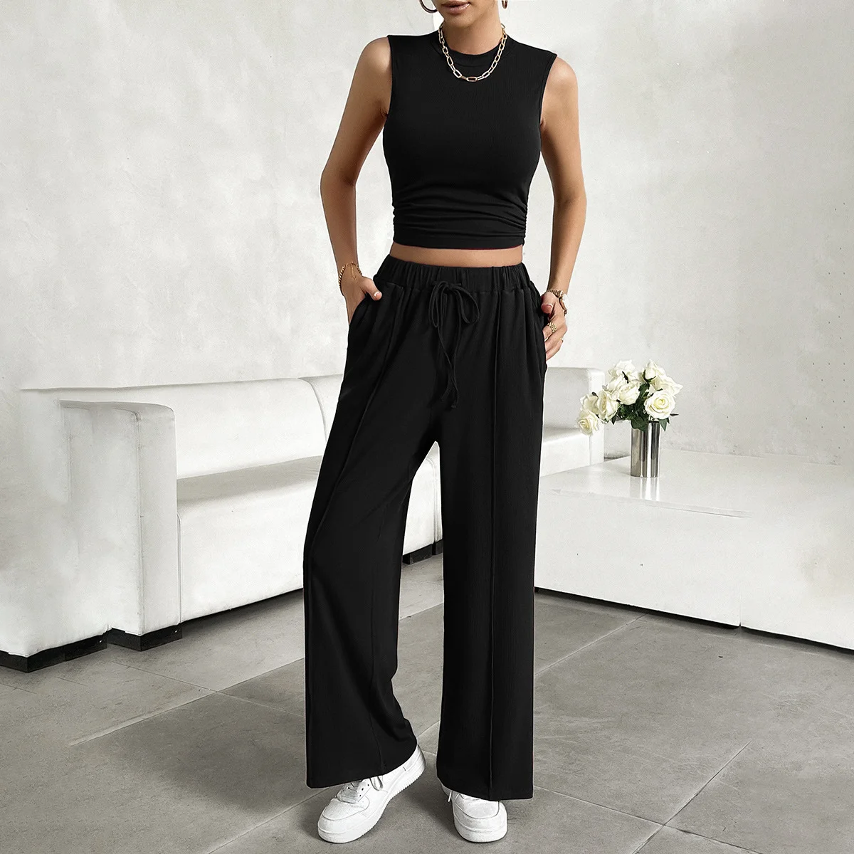 2024 spring and summer casual round neck sleeveless top and trousers two-piece set