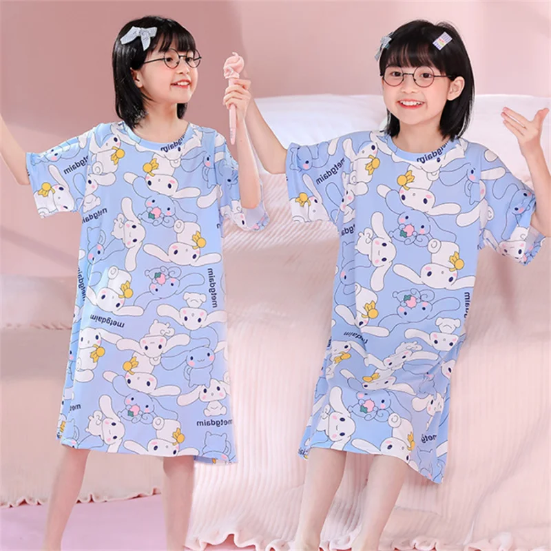 

Cute Kids Nightdress Anime Kuromi Melody Sleepwear Cartoon Cinnamoroll Short Sleeve Pajamas Dress Girl Homewear Night Underwear