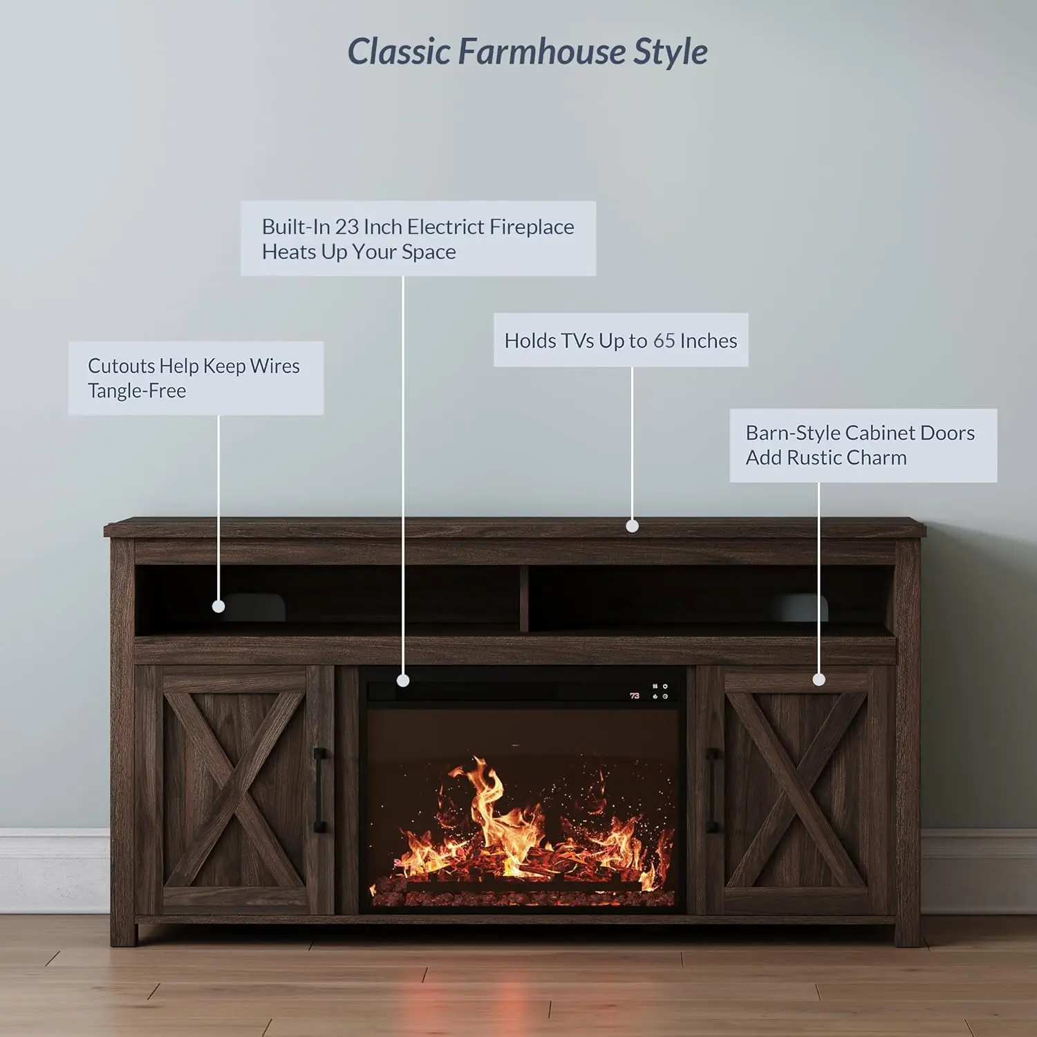 Description Picture 5 of itemFireplace TV Stand for TVs up to 65 Inches Open Shelves and Cabinets Media Entertainment Center Console Table