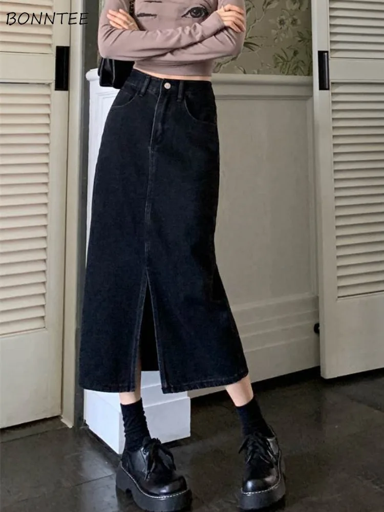 

Черные джинсовые юбки, женская сексуальная ретро юбка миди с разрезом спереди, Лидер продаж, милая Корейская Женская Весенняя Модная элегантная уличная одежда с высокой талией