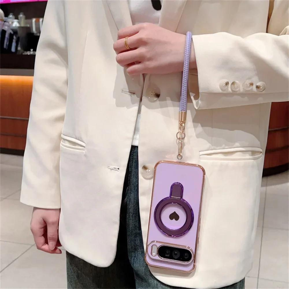Cute Love Heart Wrist Strap Bracket Case For Google Pixel 8 9 10 Pro XL 9A 8A 7A Ring Holder Stand Lanyard Plating Soft_voghion.com
