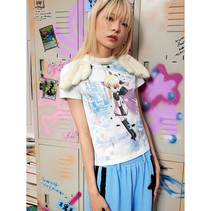 CFIERCE Women Angel Printed Wings Decorative T-shirt