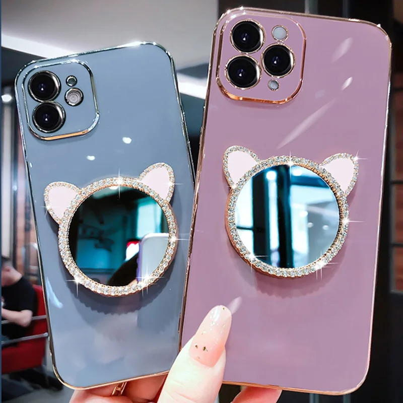 Mode Diamant Katze Ohren Make-up Spiegel Fall für iPhone 15 Pro Max 14Plus 12Pro 13Mini 11 7 8Plus 6S X XR XSMax Bling_voghion.com