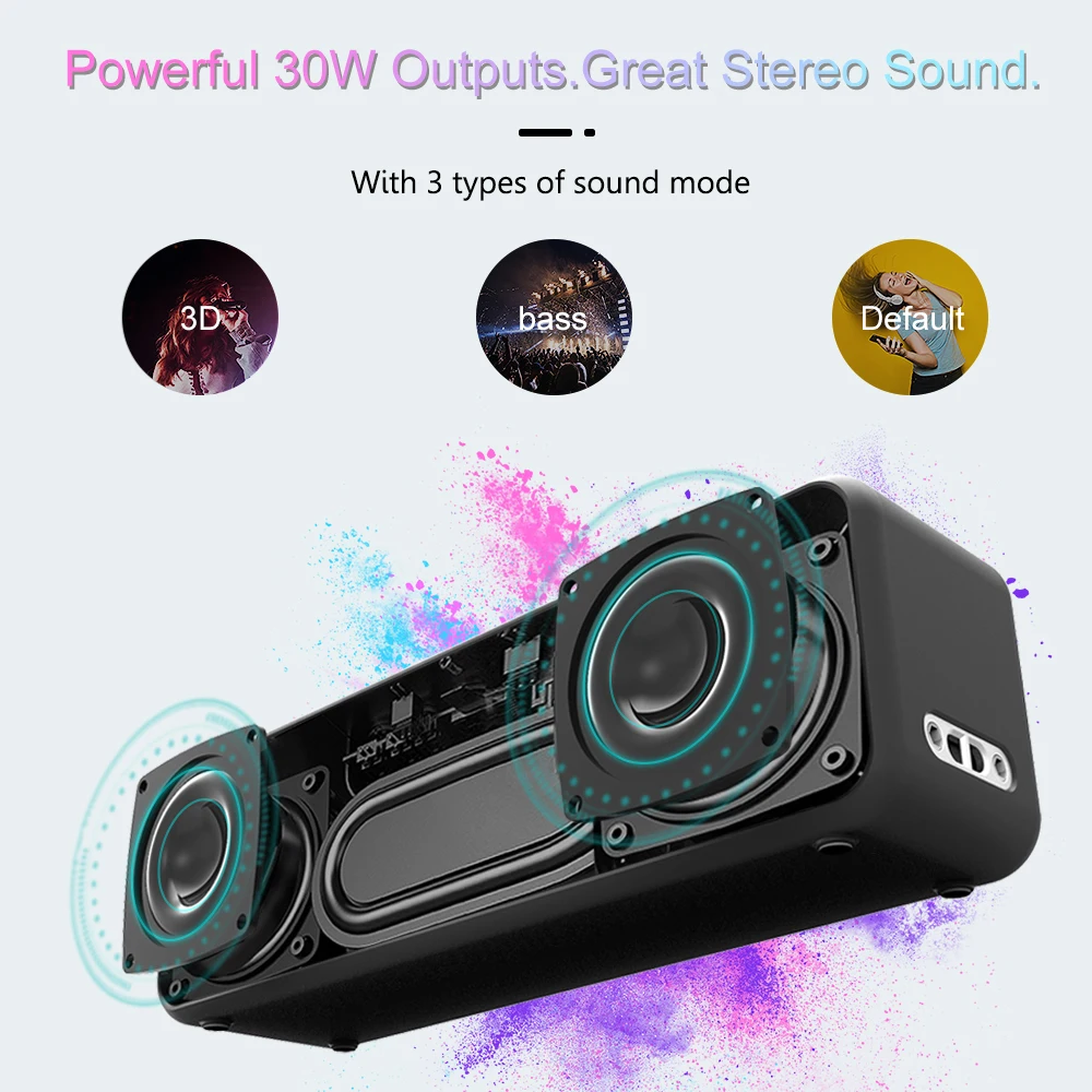 Portable Wireless Bluetooth Speaker V5.0 TWS Type-C Loud Stereo Super Bass IPX6 Waterproof 30W Subwoofer Speaker