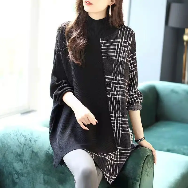 Fashion Korean Irregular Spliced Female Clothing Sweaters Spring Autumn New Casual Plaid Loose Half High Collar Knitted Jumpers