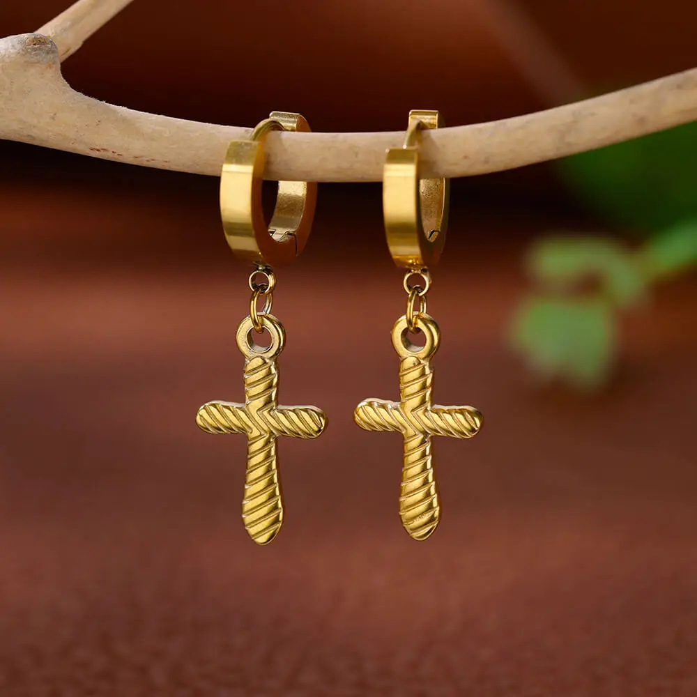 Cross Dangle Earrings for Women Girls Gold Color Stainless Steel Wedding Jewelry