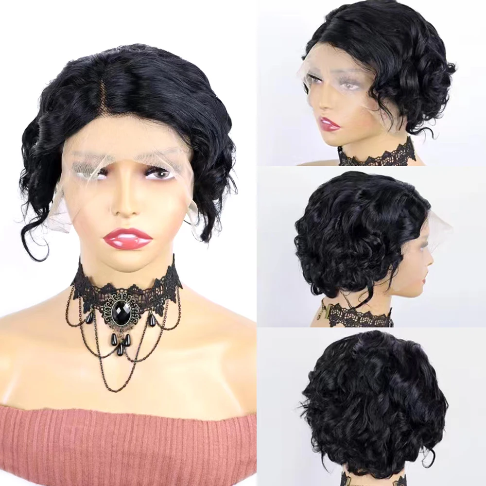 

Short Pixie Cut Wig Remy Human Hair Curly Wigs 13X4 Transparent Lace Frontal Wig Preplucked Hairline Curly Wigs for Black Women