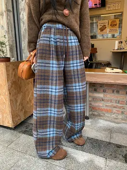 Pantaloni a gamba larga con lacci con coulisse scozzese blu retrò Autunno Inverno Pantaloni dritti a pieghe larghi a vita alta Streetwear Casual Y2k 1