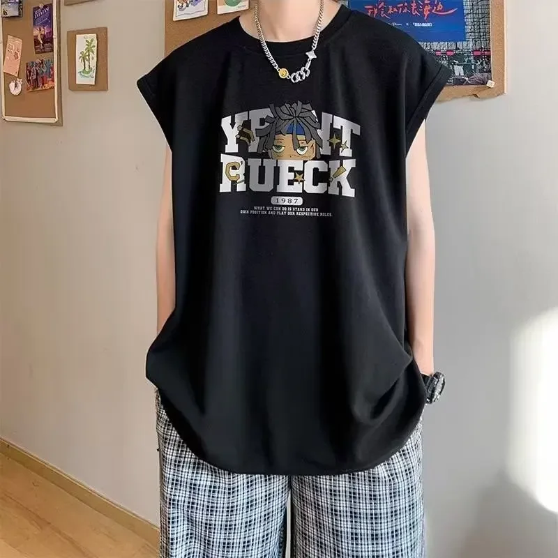 سترة كتف صيفية للرجال بدون أكمام تي شيرت رياضي بأك...