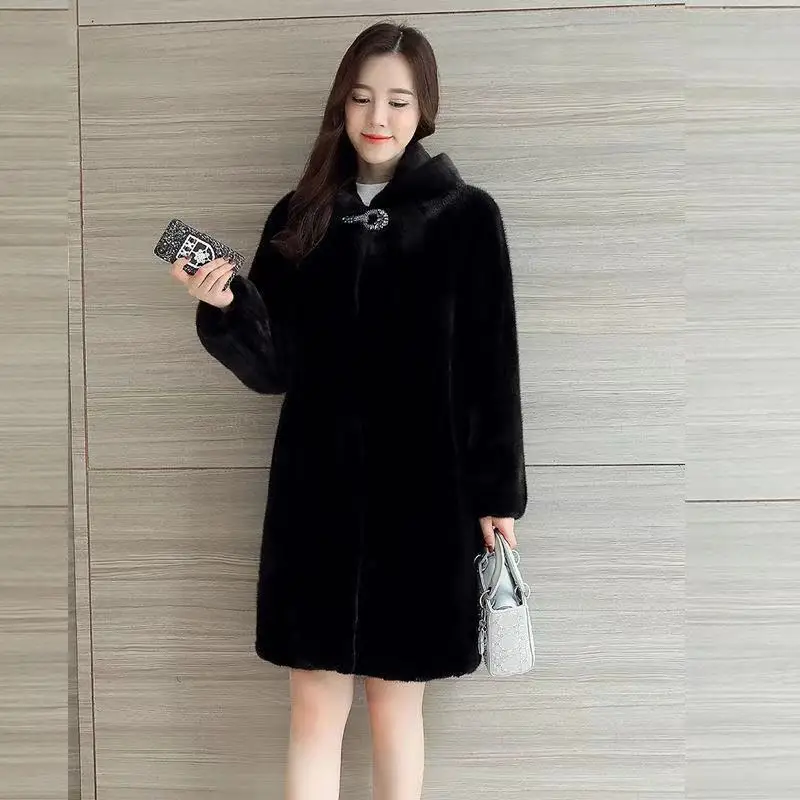 2023 New Imitation Mink Fur Coat Women Mid-length Fur Coat Whole Mink Winter with Hooded Female Mink Fur Mink