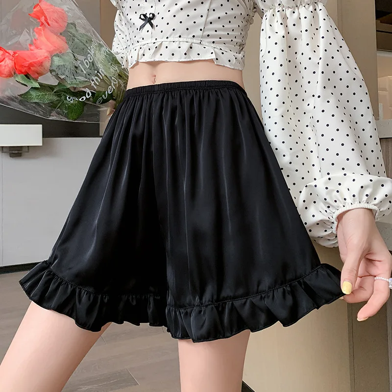 Satin Ice Silk Ruffle Short Pants Women's Summer Loose Home Safety Pants Under Skirt Seamless Sexy Underwear Breath Cool Shorts safety shorts,safety pants