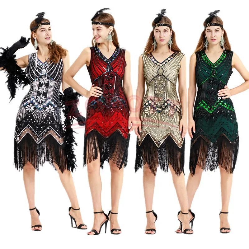 

New 1920s Flapper Dress Great Gatsby Party Evening Sequins Fringed Dresses Gown Dress with 20s Accessories 6-PCS Set Large Size