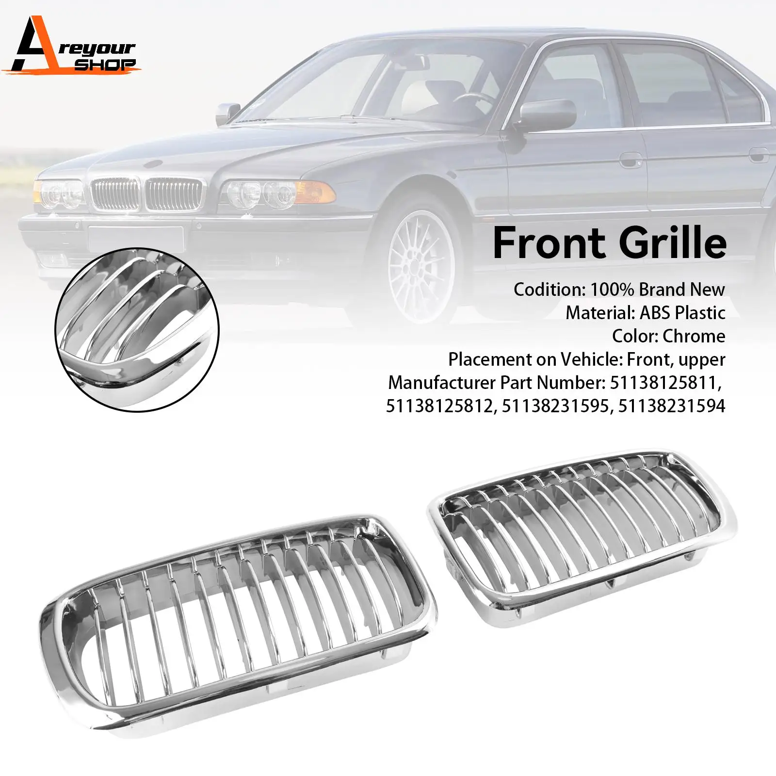 

Areyourshop 2 шт. Хромированная передняя решетка для радиатора BMW 7 серии E38 E 38 1994 1995 1996 1997 1998 1999 2000 2001