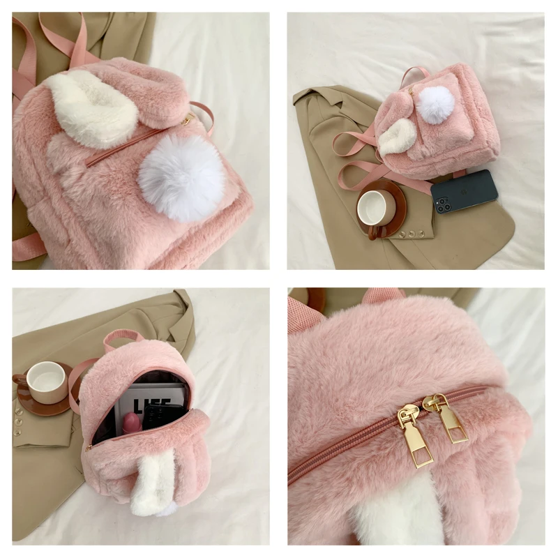 Rabbit Plush Backpacks For Women Winter Mini Fluffy Shoulders Bag Doll Knapsack Y2K Packbag Furry Rucksack Bunny Fur Mochila Ins 5
