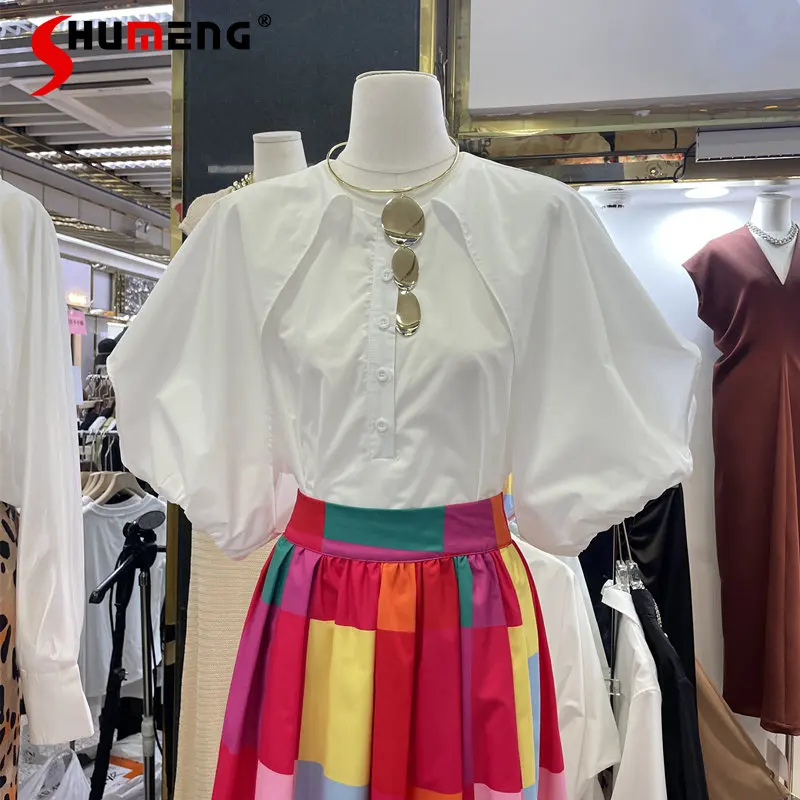 Pure Color Slimming Lantern Sleeve Shirt Female 2023 Summer New Tops Loose All-Match Raglan Short Puff Sleeve Blouse