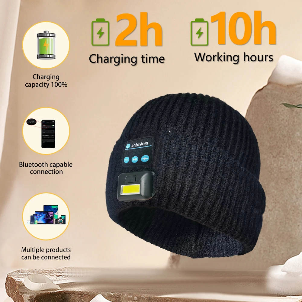 Bluetooth Beanie with Light, Unisex LED Headlamp Hat with Wireless Headphones, Unique Christmas Birthday Gifts