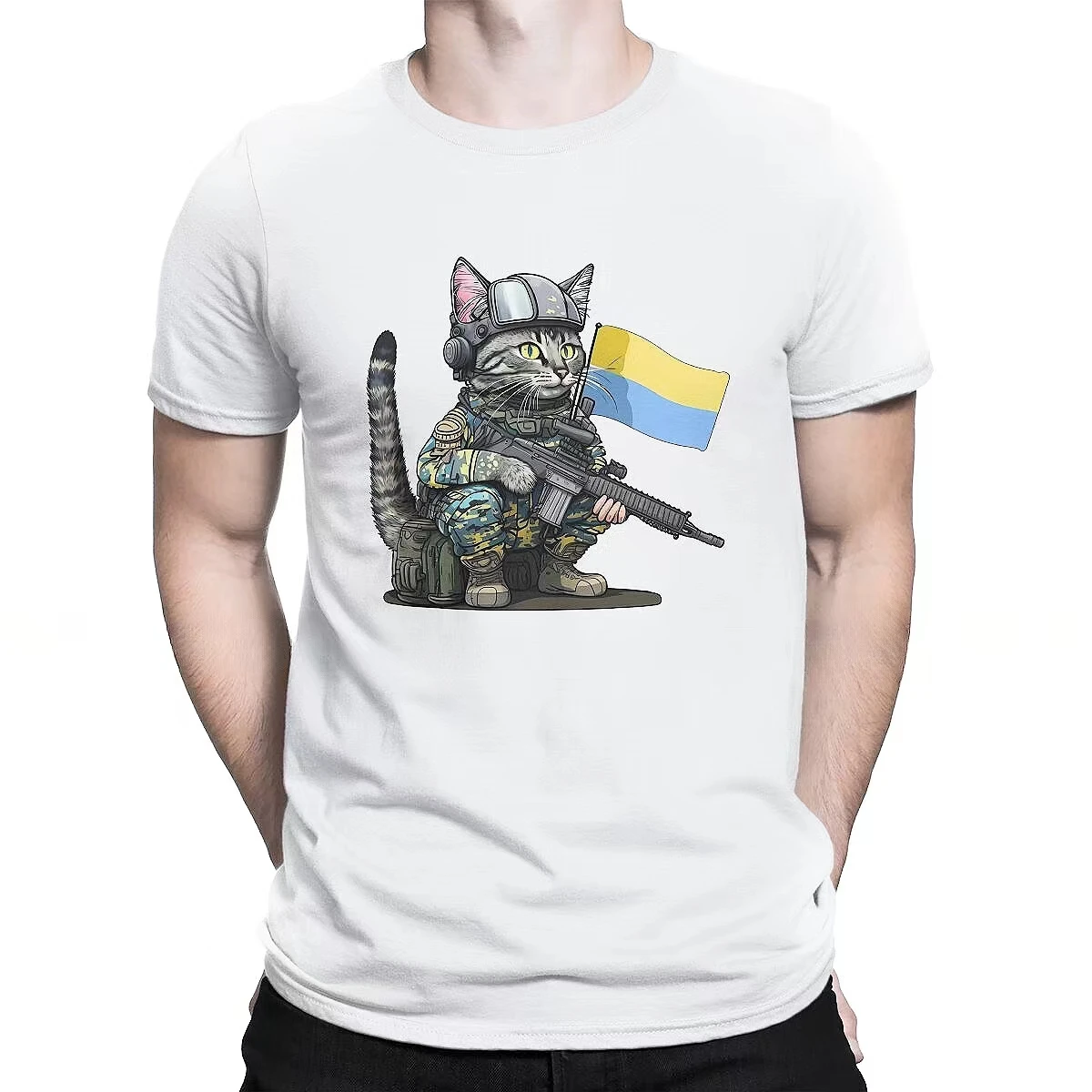 

Новинка, уличная одежда в стиле ретро с принтом кота и украинского флага в войне, повседневные Летние универсальные футболки для мужчин и женщин