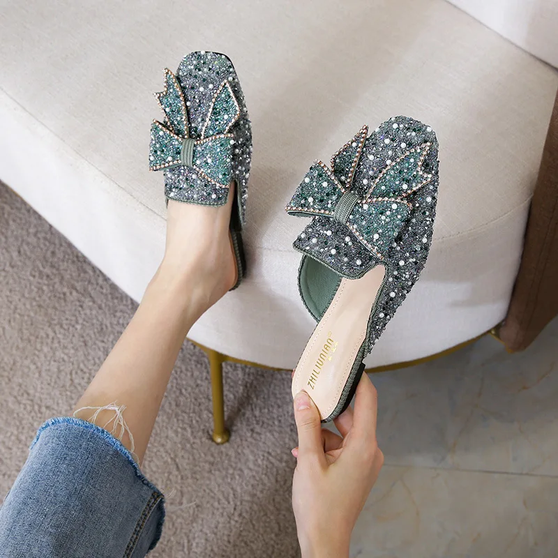 Square Toe Slippers Women Pearl Flats Slippers For Women Slides Mules Flat  Slippers Women Shoes Bow Knot Closed Toe Slippers - Women's Slippers -  AliExpress